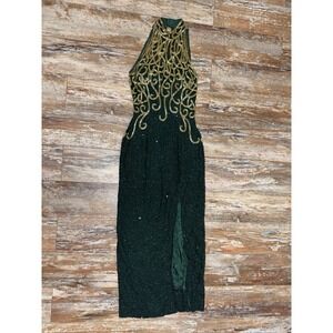 Women's Vintage Sean Collection 100% Silk Green & Gold Beaded Dress Small New